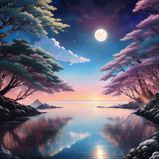 A pretty night,full moon , low-tide on a beach, , spray paint, oil gouache melting, acrylic, high contrast, colorful polychromatic, ultra detailed, ultra quality, cgsociety midnight,, realistic photo  in anime style