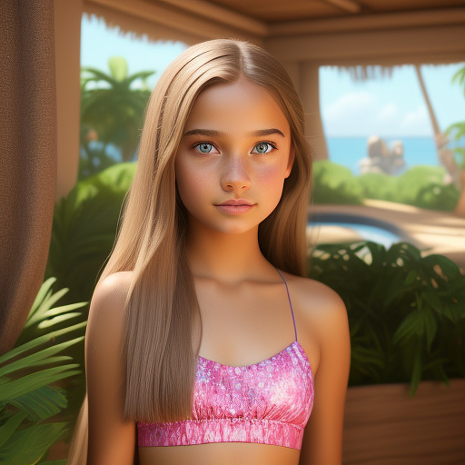 An eleven year old girl with light brown mid length straight hair, light brown eyes, wearing makeup and is wearing a two piece pink bathing suit  in disney 3d style