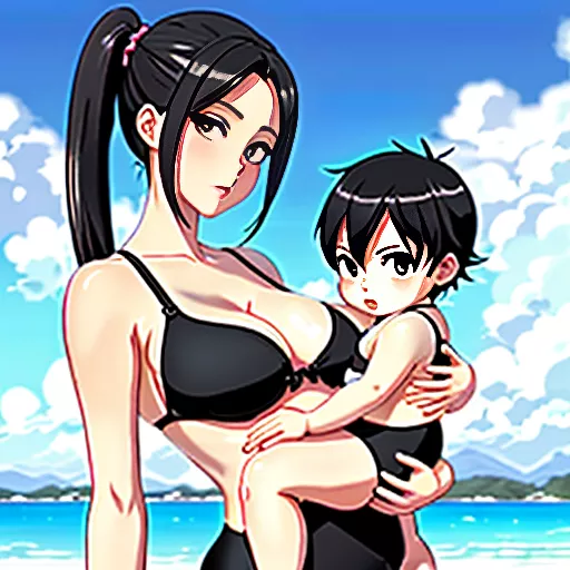 Curvy woman in black bathing suit carrying a child (boy), from side, full body, in anime style
