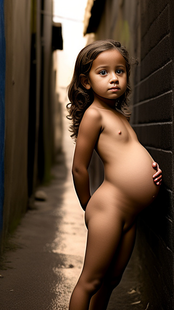 Pregnant, 7-years-old-boy, nude, alleyway, front view in custom style