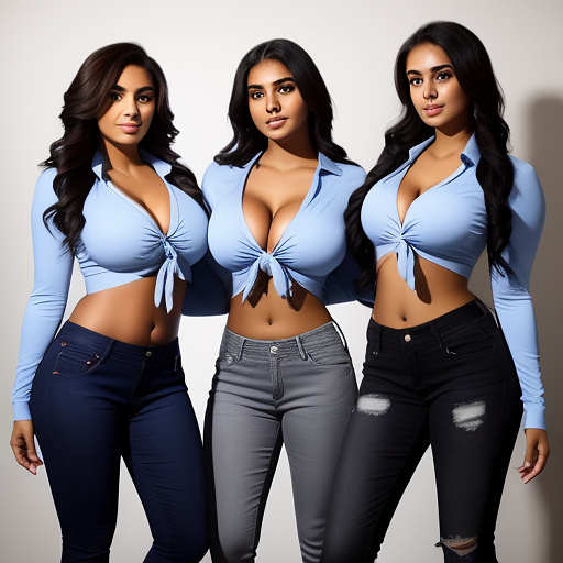 3 sexy latina college students with big boobs and their arms up and in a loose long sleeve cropped tied shirts and long jeans pants and showing their bellies and standing in the dimly lit bedroom and full body picture in custom style