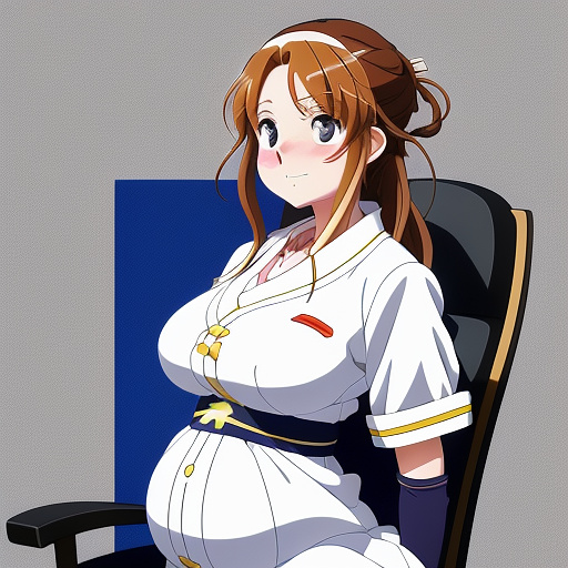 A pregnant student in uniform bracing herself against a chair in anime style