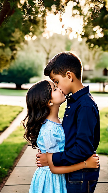 A romantic moment between childhood couple. the 11-year-old boy is kissing his sexy grade-5 girlfriend,  in custom style