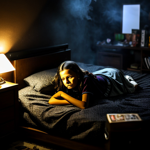 The room is dark, smoky and a mess, the bed is broken. there is an ashtray with an outstanding cigarette on the table. a 13-year-old girl is lying on a bed and crying. in custom style