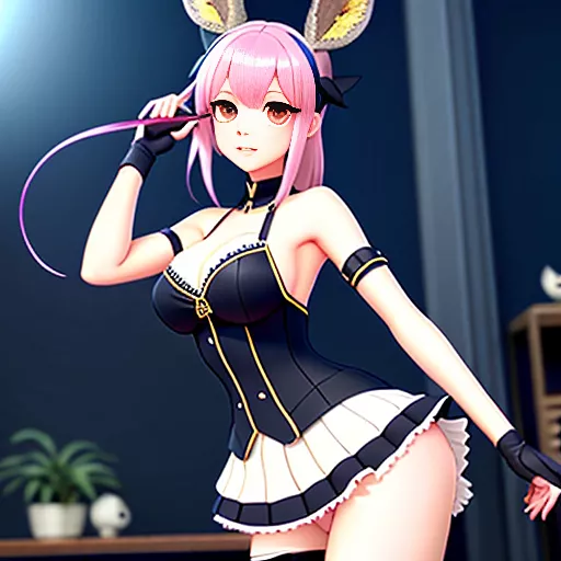 A deer lady wearing a skirt standing in a seductive pose in a fotest in anime style