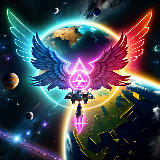 A cheerful transformer flies through space against the backdrop of planets. in angelcore style