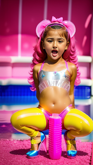 7-year- old julianna rose mauriello, lazy town, covered in pink baby oil, clear pink plastic open toe 7 inch platform stilettos, on latex bikini fashion runway, squatting with legs open, using pink pool noodle dildo, dildo slipping into her, camel toe stretching wide to allow dildos girth, realistic dildo disappearing into her, yawning in custom style