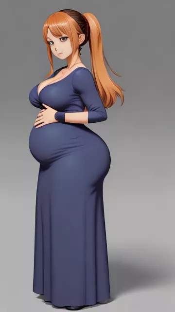 Very wide hips, fat butt, voluptuous, big full covered breast, curvy, modest, fully clothed, long dress, tight fitting clothes, skinny face, sfw, latina, slim body. behind profil, holding belly, plump belly in anime style