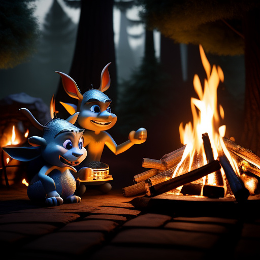 Goblins partying around a campfire in disney 3d style