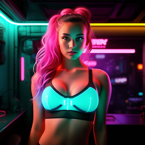 A girl wearing a shelf bra and sheer in cyberpunk style