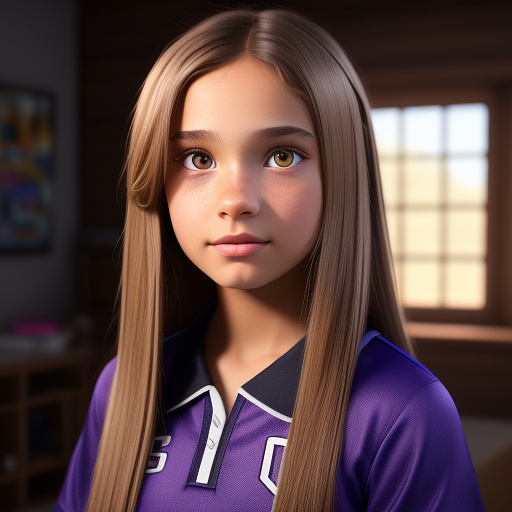 An eleven year old girl with light brown mid length straight hair, light brown eyes, wearing makeup and is wearing purple volleyball uniform in disney 3d style