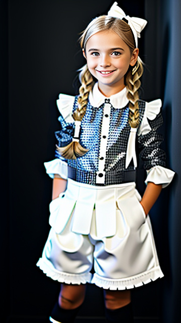 White, blonde, very cute, smiling, girl 9 years old, s&m outfit, in custom style