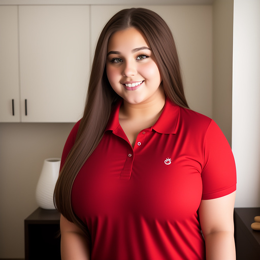 18 year old huge thick curvy bbw white girl brown long hair in 5 button tipped red polo shirt 
 in custom style