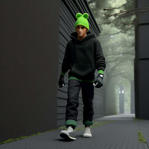 Teen boy in ski mask and fingerless gloves in an green hoodie and black trousers with bare ankle with black shoes on no socks on  in disney 3d style
