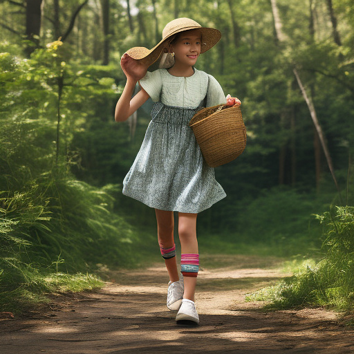 A girl is skipping along a forest path. she has a basket in her hands and a sun hat on her head. in custom style
