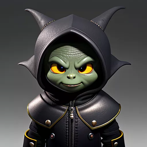 A small, charcoal-grey skinned male goblin with big yellow eyes. he wears dark leather armor with a hood, and wields a jagged dagger in each hand. in disney 3d style