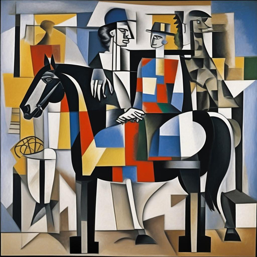 A man with a black horse in cubism style
