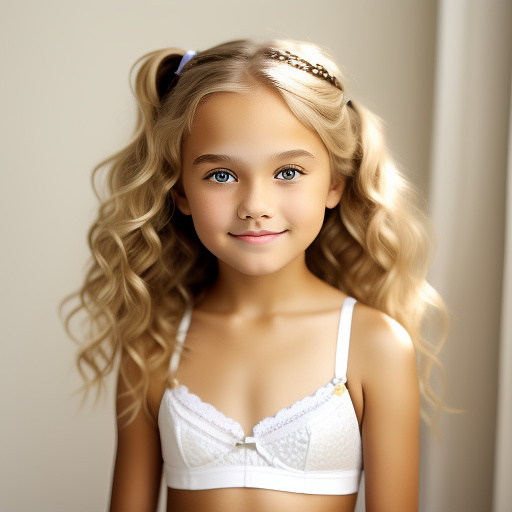 9-year-old caucasian white girl, cute, blonde hair, wearing white bra in custom style