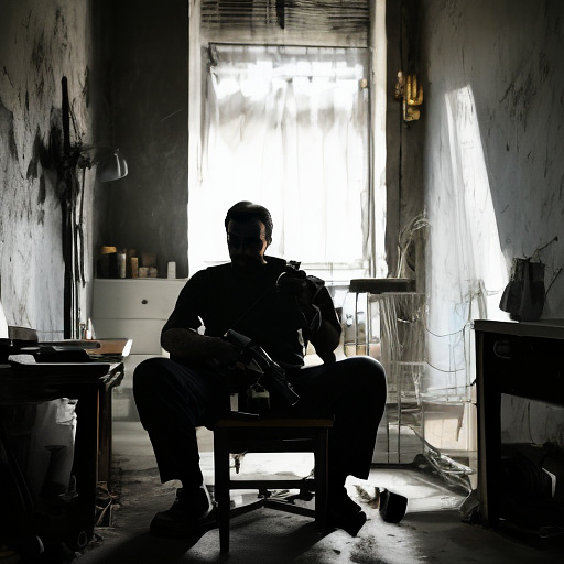 In a dark room, there is a telephone and a gun on the table. a man is sitting on a chair, and he is dead. in custom style
