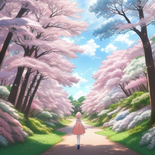 Blue-eyed girl in a pink dress on a white deer in front of a forest in spring in anime style