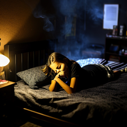 The room is dark, smoky and a mess, the bed is broken. there is an ashtray with an outstanding cigarette on the table. a 13-year-old girl is lying on a bed and crying. in custom style