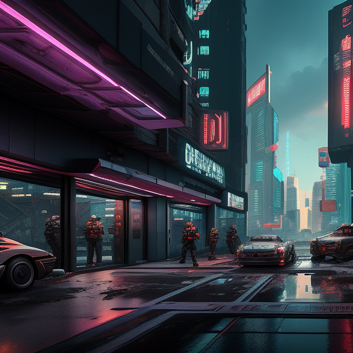 Omnicorp rises!, several operatives in power-armour suits storming a building, sci-fi battle, cyberpunk vibes in cyberpunk style