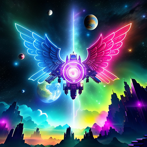 A cheerful transformer flies through space against the backdrop of planets. in angelcore style