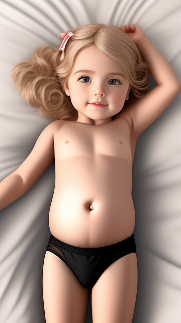 Realistic, detailed, 5-year-old blonde girl, in black underwear, pregnant, laying in bed, top down view, blushing, full body in custom style