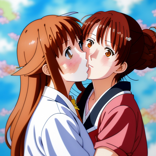 Two women hugging and  lip kissing in anime style
