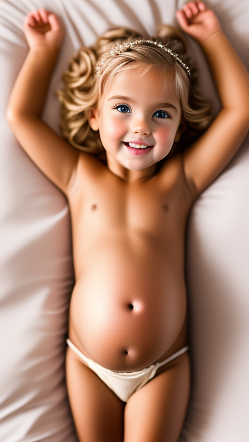 Realistic, detailed, 6-year-old blonde girl, pregnant, tan wedding outfit, showing belly, laying in bed, top down full body view, red blush, tan skin, mouth open,  in custom style