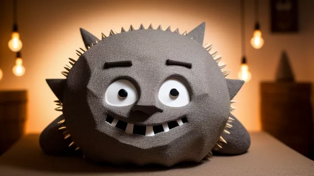 A golem spiky creature like with a face made of flour bag and a creepy smile  in disney painted style
