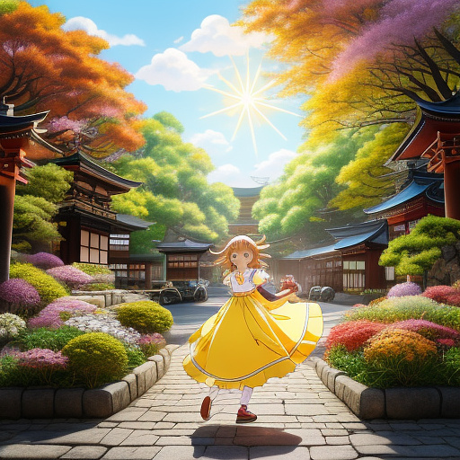 A joyful girl in a yellow dress releasing a tiny sun from a bag, village with dancing animals, flowers singing, warm golden light, whimsical children's book style in anime style