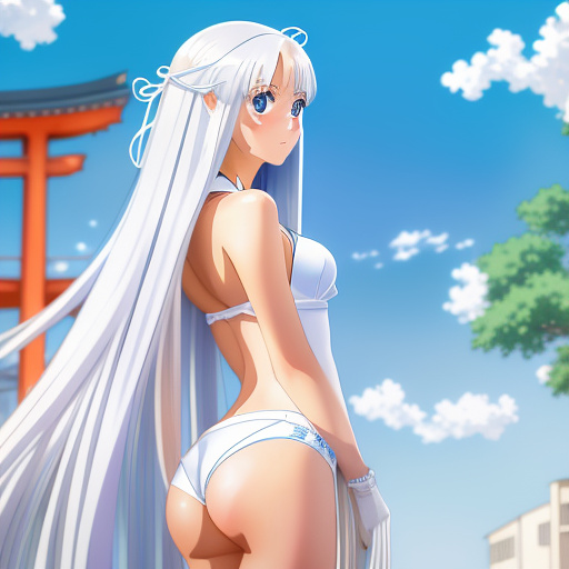 A girl with long white hair and blue eyes. wearing a set of white swimsuits. her underwear was taken off. expose buttocks in anime style