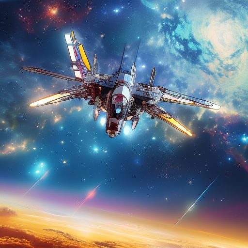 A cheerful transformer flies through space against the backdrop of planets. in anime style
