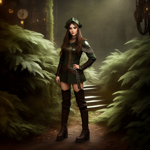 Modest elven fantasy heroine
brown hair
forest ranger
baggy pants
lace up shirt
knee high boots
fantasy guardian in steampunk style