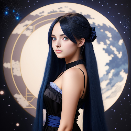 A girl in a dark blue and black dress, the blue part of her dress is full of the image of stars and auroras, and she has long dark blue hair and purple eyes, and the theme of her dress is victorian. in anime style