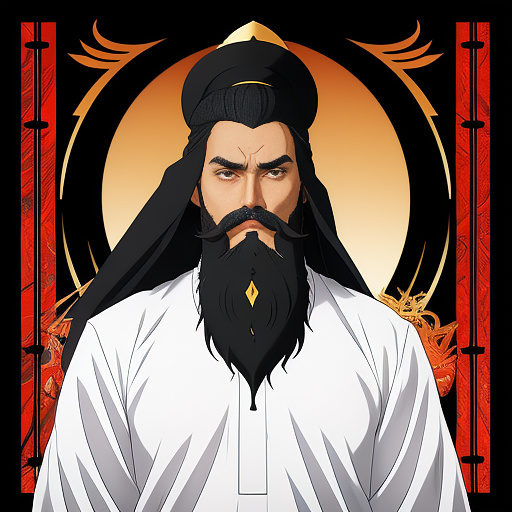 Generate a scary man with black beard with a holy halo in middle eastern clothing

 in anime style