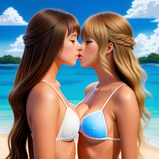 Taylor swift and olivia rodrigo in bikinis kissing each other
 in anime style