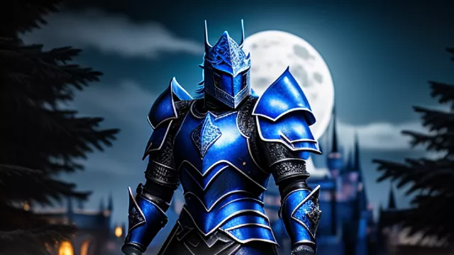 A fantasy blue armored knight at night under the moonlight in disney painted style