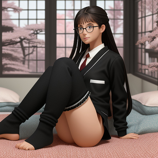 Ultra realistically a 22 year old german girl with a black braid with glasses and brown eyes 1.70 tall thin with a cell phone in hand with schoolgirl uniform with a spreading legs on the bed and with underwear with opening in the crotch you can see her vagina and her anus in anime style