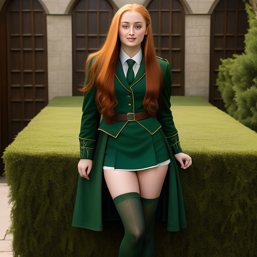 Sophie turner in full harry potter slytherin uniform with green pantyhose without shoes. in custom style