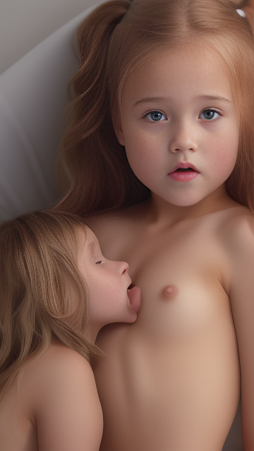 A 9-year-old naked girl is sucking another girl's breast. in custom style