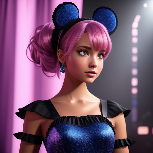 A dark pink dance costume with blue gems on the front, skinny arm straps, and the skirt of the dress is dark pink and fluffy in disney 3d style