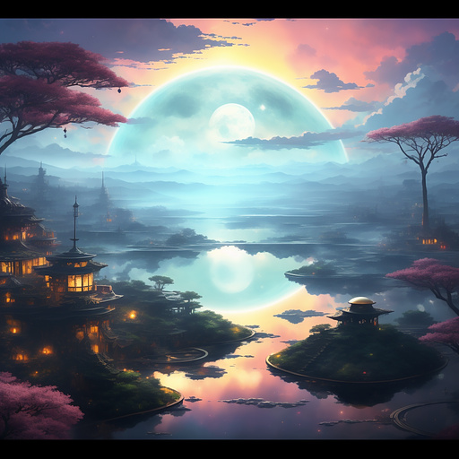 An apoclypathic world with a destroyed and fragmented moon floating like a ring around the world in anime style