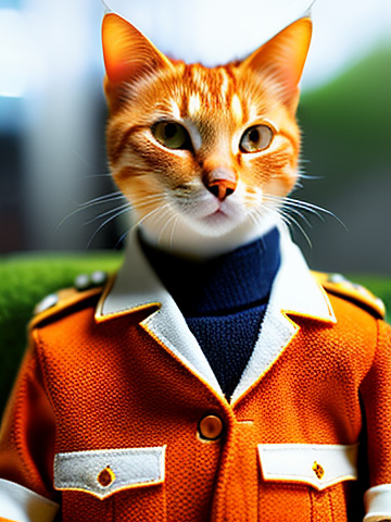 Orange tabby cat wearing a pilot uniform.
 in angelcore style