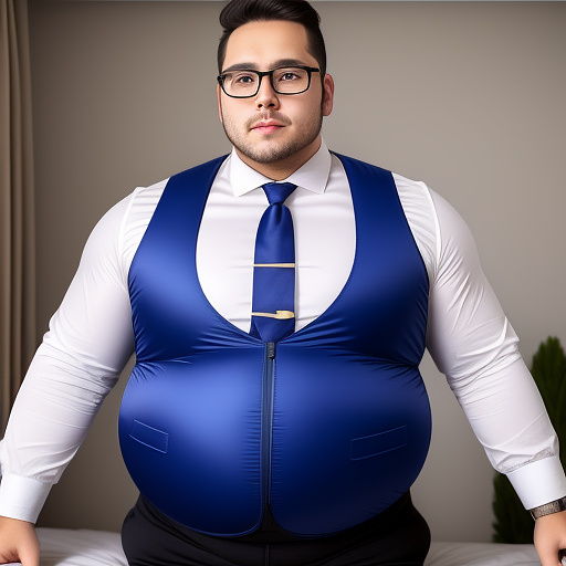 A man wear a vest and glasses , he use an air pump to inflate his belly , his belly get big and round in custom style