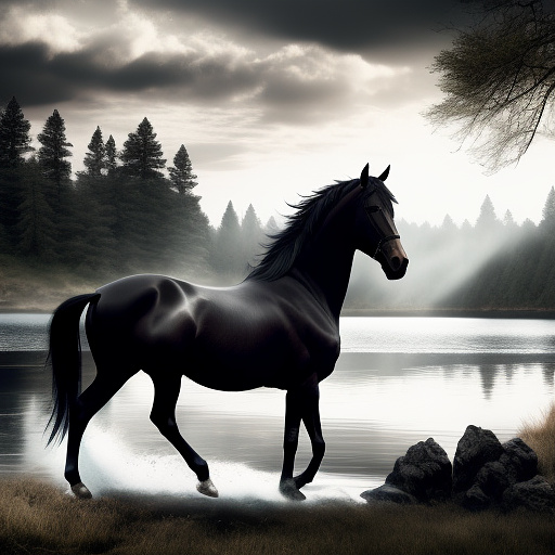 A beautiful wild black horse standing in the middle of a mysterious lake.
 in gothic style