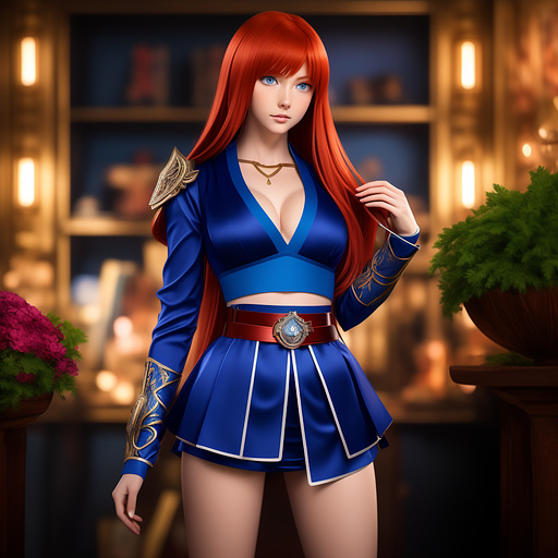 Redheaded mage heroine with blue eyes wearing a skimpy outfit and a belt  in anime style