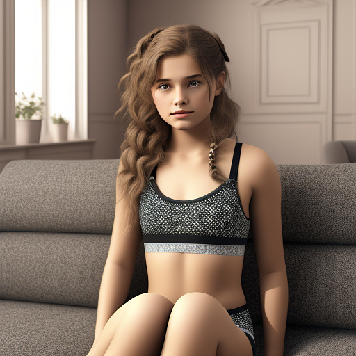 Ultra realistic a 15 year old german girl sits on the sofa in the living room in cute childlike underwear in custom style