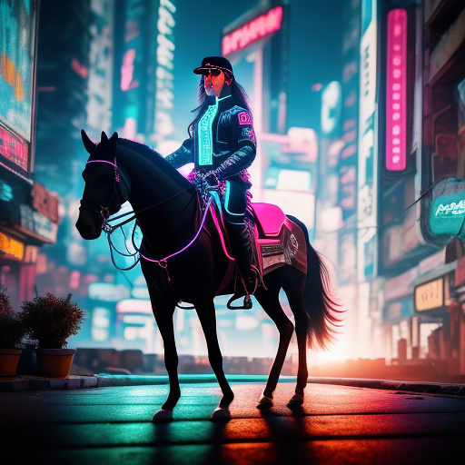 A woman on a horse in cyberpunk style